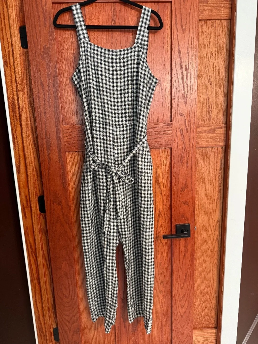 100% European Linen Square Neck Jumpsuit - Black/Oatmeal Gingham